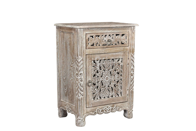 One Drawer One Door Floral Carved Nightstand - Gray