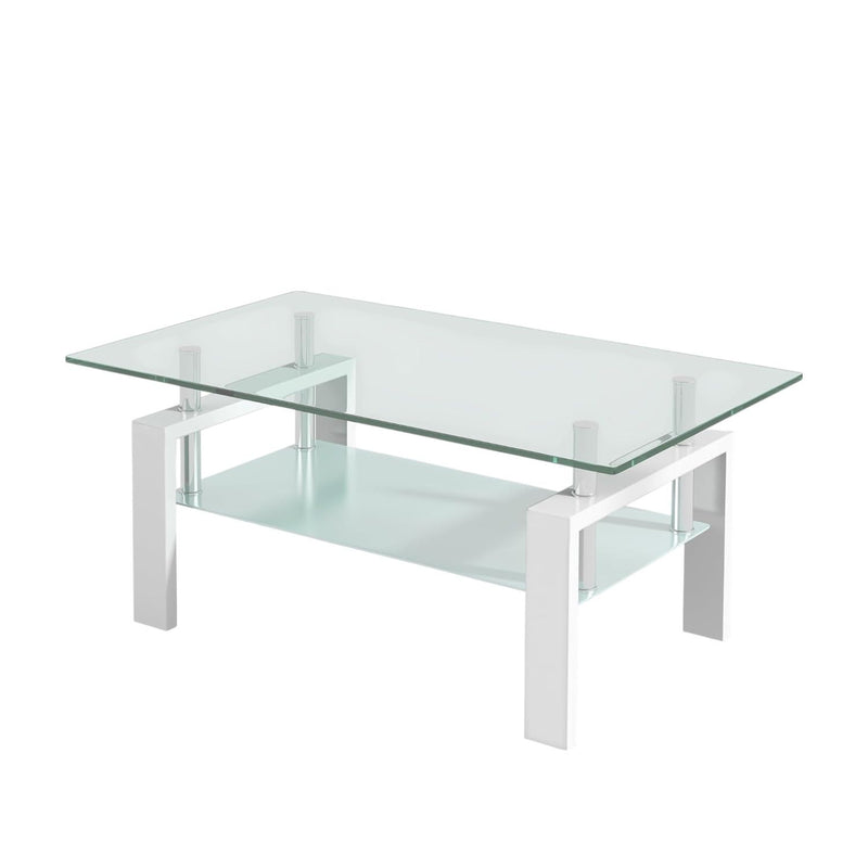 39" Glass And Steel Coffee Table With Shelf - Clear And White