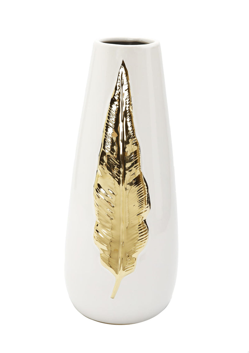 Leaf Oval Table Vase With Sculptural Details - White