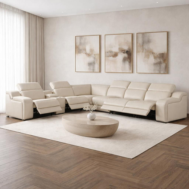 Leather Power Reclining Curved Seven Piece Corner Sectional With Console - Beige