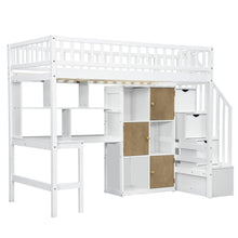 Load image into Gallery viewer, Loft Bed With Built In L Shaped Desk, LED Lights, Storage Shelves, Cabinets, And Staircase
