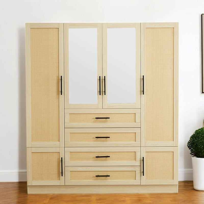 70" Wood And Rat Mirro Six Door Four Drawer Combo Dresser - Natural