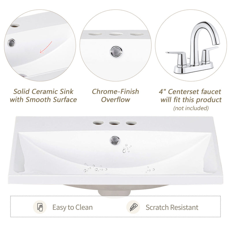 Bathroom Vanity Top, Rectangular Undermount Sink With 3 Faucet Holes, 4" Centerset Compatible - White