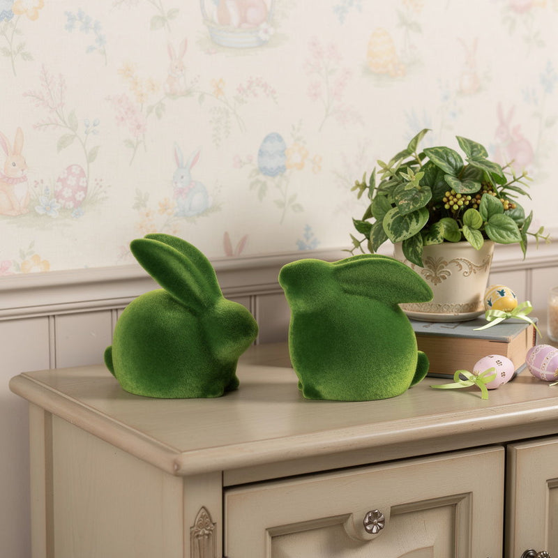Faux Covered Rabbit Figurines (Set of 2) - Green / Moss