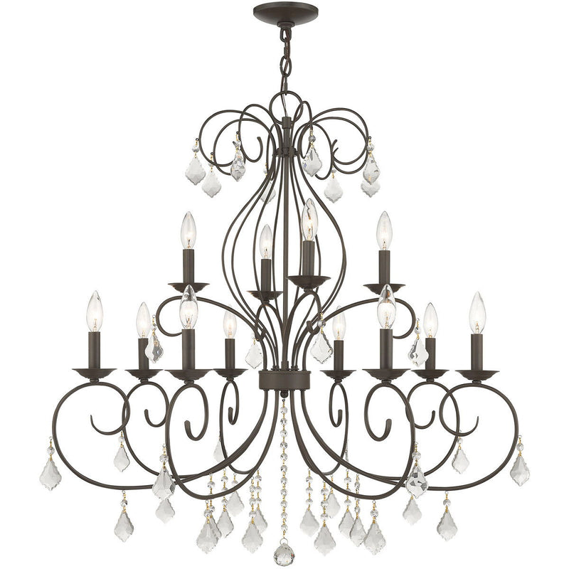 Twelve Light Metal Dimmable Chandelier With Shades - Bronze / Clear