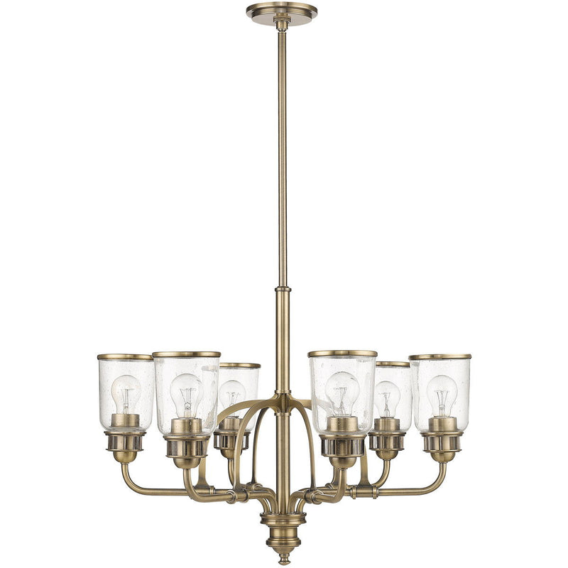 Six Light Metal Dimmable Chandelier With Shades - Antiqued Brass / Clear