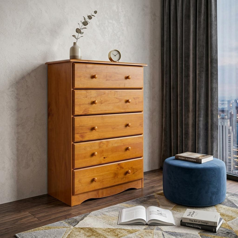 Solid Wood Five Drawer Dresser (760590) - Golden Brown