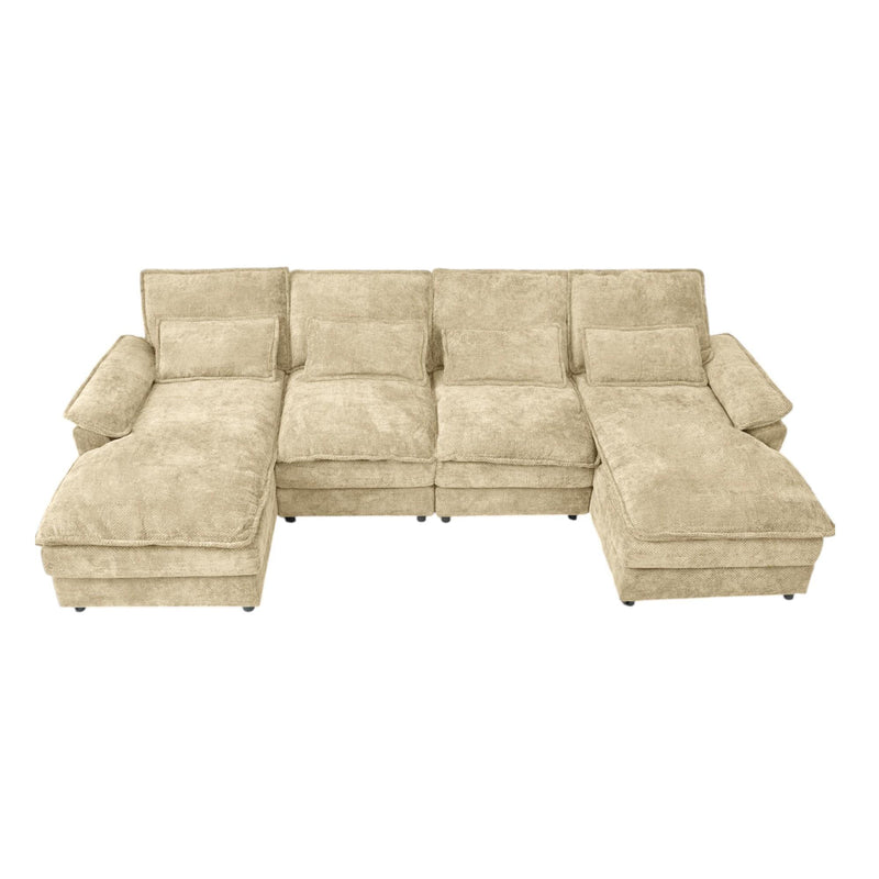 Chenille Modular U Shaped Four Piece Sofa And Chaise Sectional With Console And Toss Pillows - Khaki