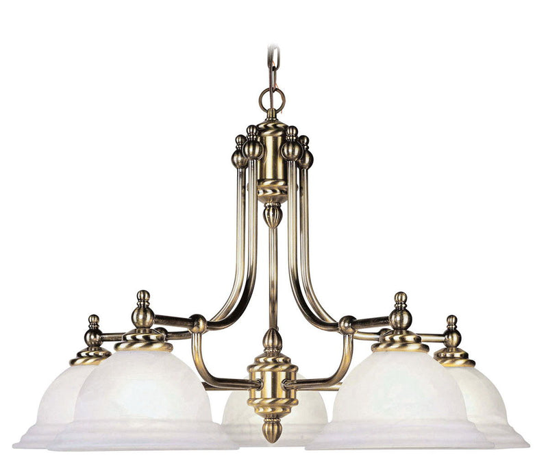 Five Light Metal Dimmable Chandelier With Shades - Antiqued Brass / White