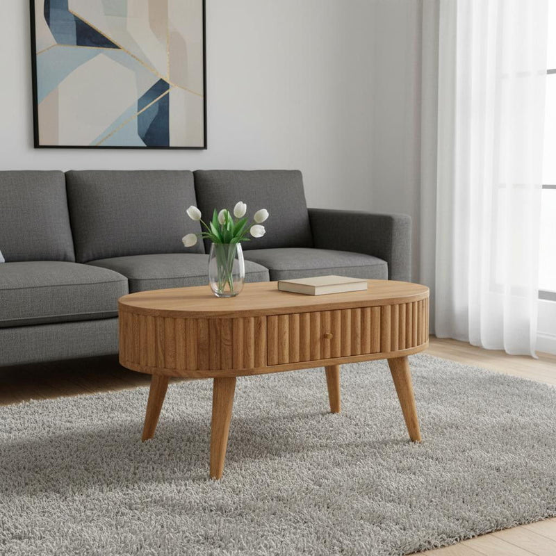 Solid Wood Oval Coffee Table With Two Drawers - Oak