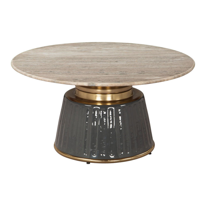 Genuine Marble Round Pedestal Coffee Table - Beige / Black
