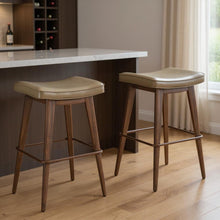 Load image into Gallery viewer, 31" Faux Leather And Steel Backless Bar Height Bar Chairs (Set of 2) - Taupe / Walnut
