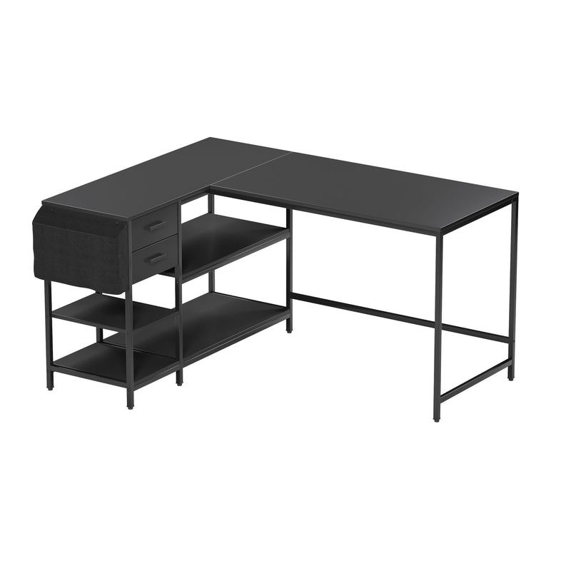 Stainless L Shape Computer Desk With Two Drawers - Black