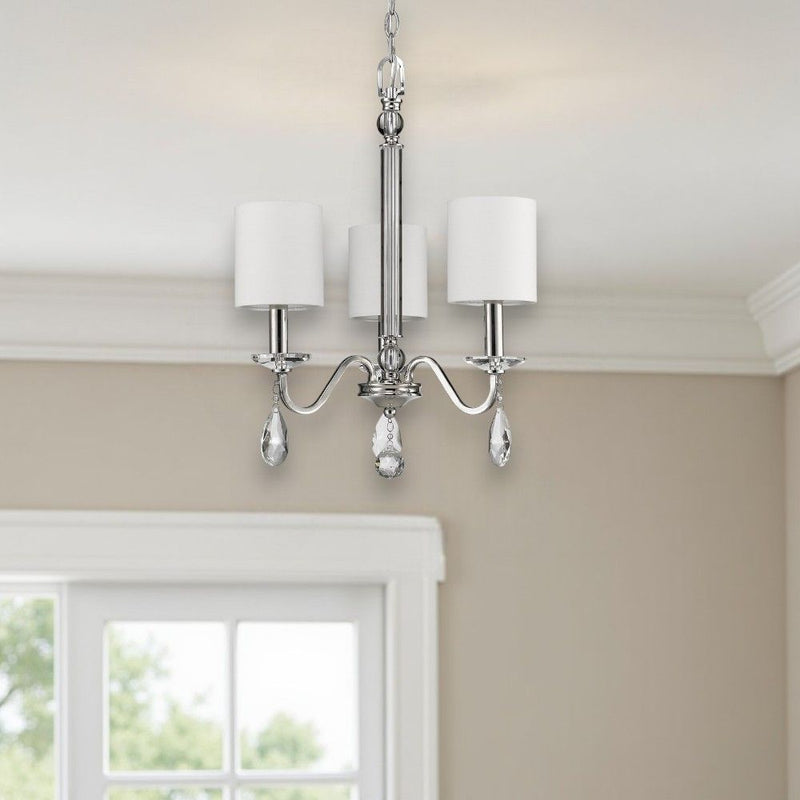 Candle Style Three Light Metal And Crystals Dimmable Chandelier With White Shades - Silver / White