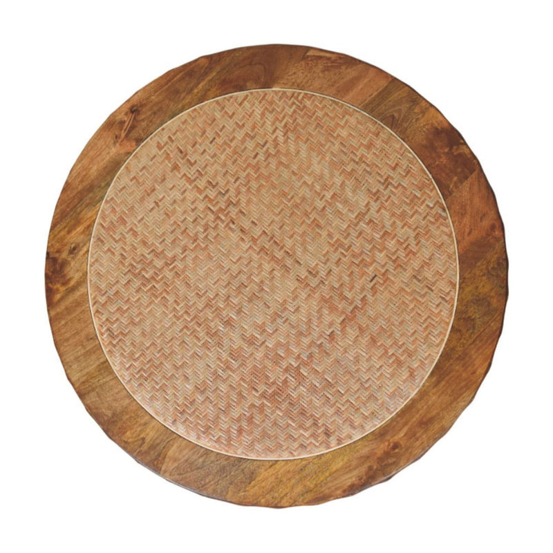 Golden And Saffron Rattan And Solid Wood Round Drum Coffee Table - Brown