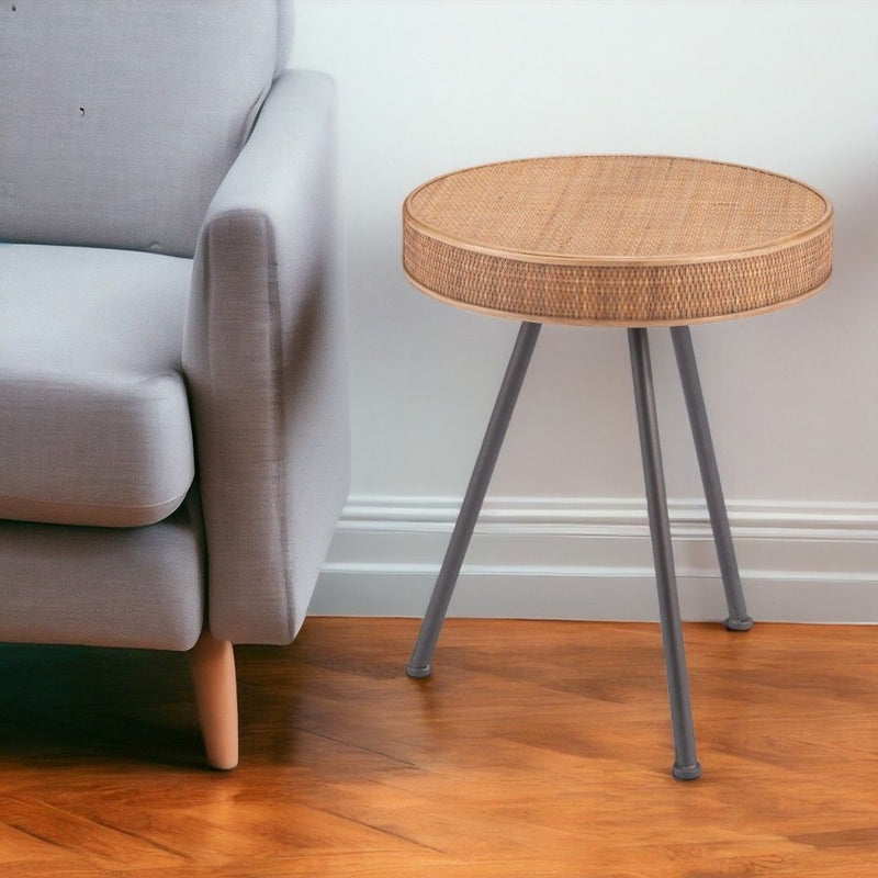 23" Rattan And Steel Round End Table - Brown