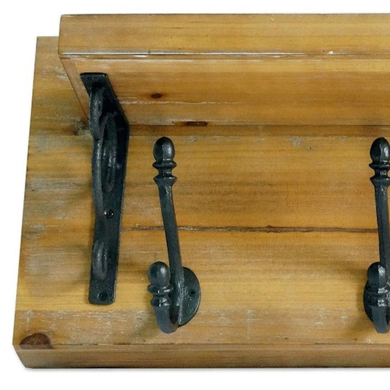 6" Metal And Solid Wood Five Hook Wall Mount Coat Rack - Black / Brown