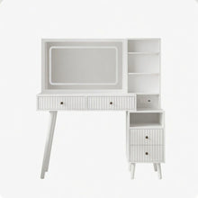 Load image into Gallery viewer, Fluted Vanity Desk With Lighted Mirror &amp; Outlet 4 Drawer, Makeup Table - White
