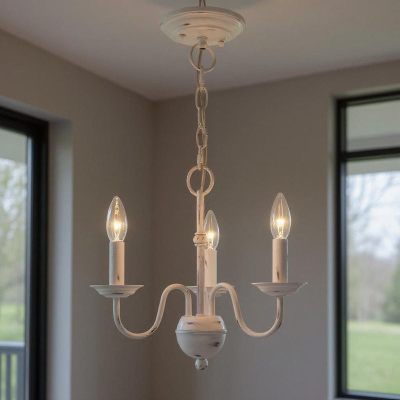 13" Three Light Dimmable Chandelier With Shades - Antiqued White