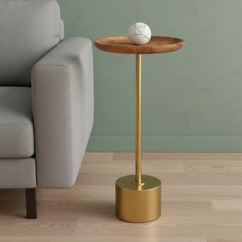 Solid Wood Aluminum Round Pedestal End Table - Brown / Gold