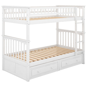 Twin over Twin Bunk Bed with Drawers, Convertible Beds, White(Old SKU: SM000240AAK-1)