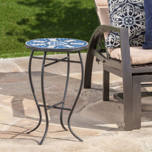 Load image into Gallery viewer, Outdoor Round Side Table With Mosaic Style Top And Curved Iron Legs - Blue / Matte Black

