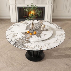 Round Dining Table With Carbon Steel Base And Lazy Susan Industrial Style - Black / White