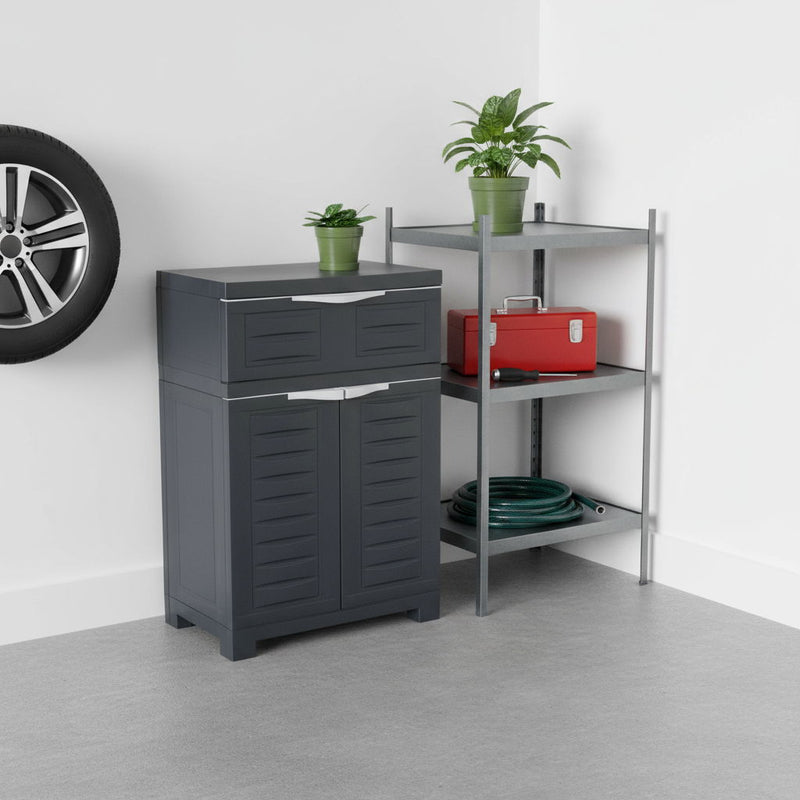 35" Heavy Duty Plastic Two Door One Drawer Utility Cabinet - Dark Gray