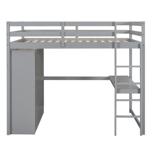 Wood Full Size Loft Bed with Built-in Wardrobe, Desk, Storage Shelves and Drawers, Gray