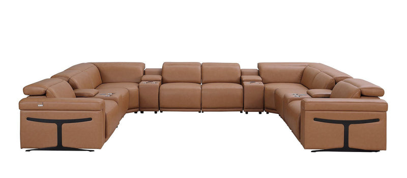 Italian Leather Power Reclining U Shaped Twelve Piece Sectional With Console - Chestnut