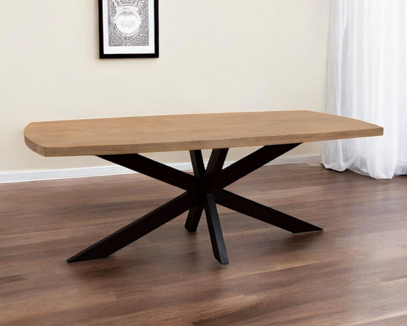 82" Solid Wood And Iron Pedestal Base Dining Table - Natural / Brown