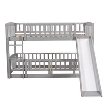 Load image into Gallery viewer, Bunk Bed with Slide,Twin Over Twin Low Bunk Bed with Fence and Ladder for Toddler Kids Teens Grey
