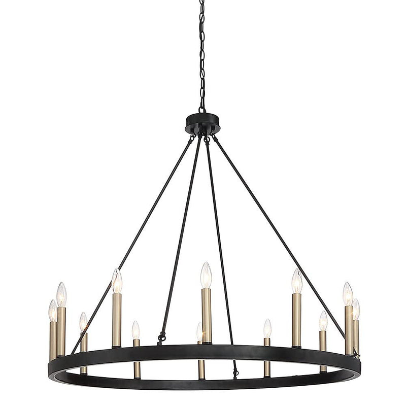 36" Candle Style Twelve Light Metal Dimmable Chandelier - Black / Gold