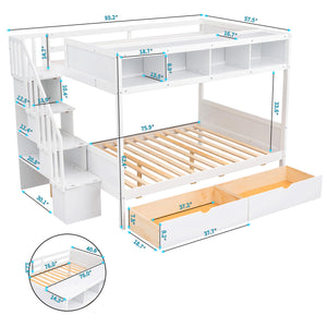 Twin over Full Bunk Bed with Shelfs, Storage Staircase and 2 Drawers, White