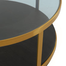 Load image into Gallery viewer, Glass Wood And Metal Round Coffee Table With Shelf - Clear Black And Gold
