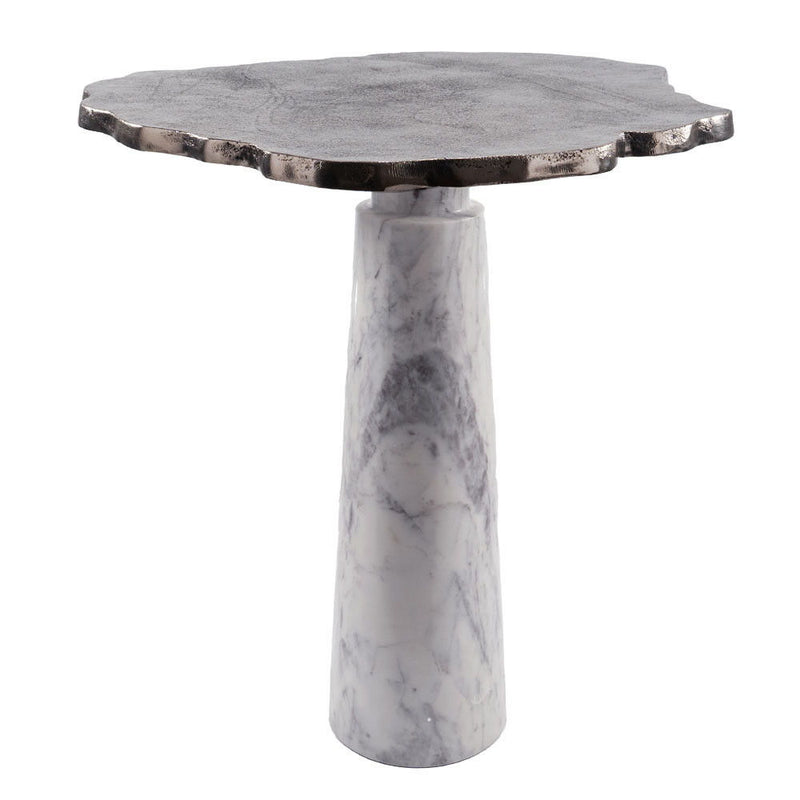 22" Aluminum And Marble Pedestal End Table - Silver And White