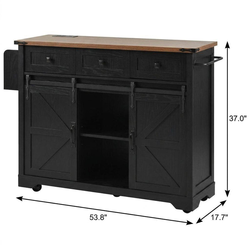 Brown And Wood Flat Door Rolling Kitchen Cart With Storage With USB (755917) - Black