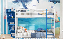 Load image into Gallery viewer, Twin over Twin Boat-Like Shape Bunk Bed with Storage Shelves, White+Blue
