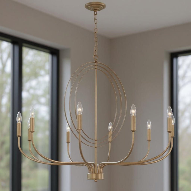 Candle Style Ten-Light Metal Dimmable Chandelier - Brass