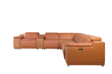 Load image into Gallery viewer, Italian Leather Power Reclining U Shaped Seven Piece Corner Sectional With Console - Camel
