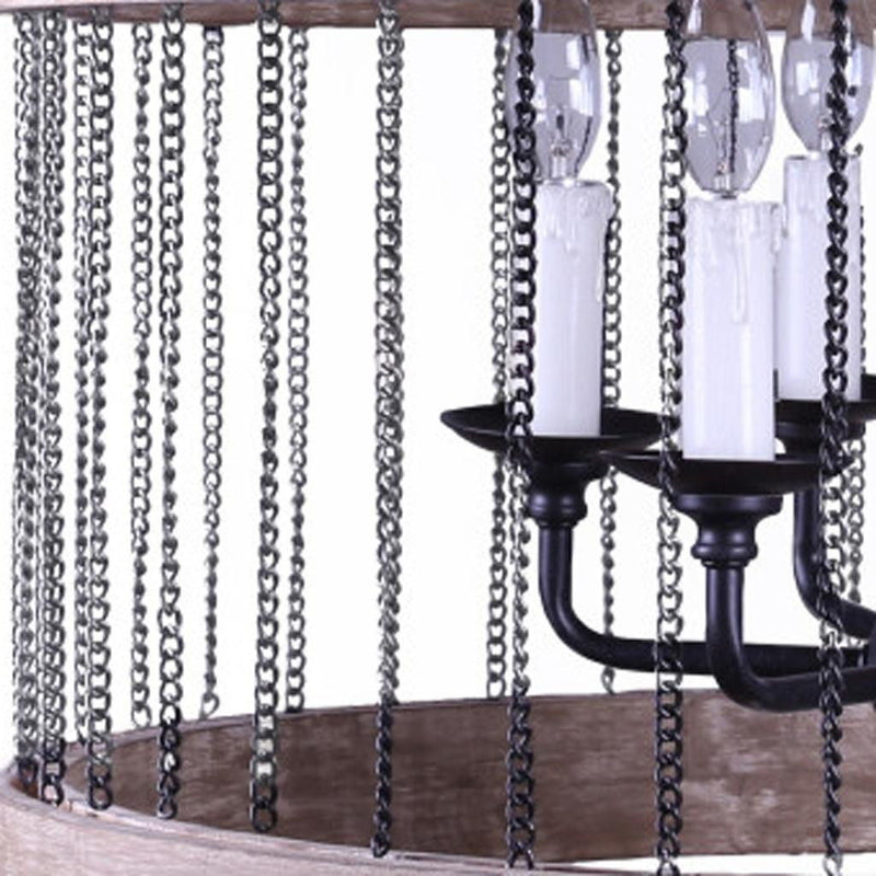 Wood And Metal Cylinder Six Light Dimmable Chandelier - Black / Natural