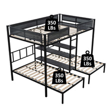 Load image into Gallery viewer, Metal Full over Twin Beds with Shelves/ Sturdy Metal Frame/ Noise-Free Wood Slats/ Comfortable Textilene Guardrail/ Bunk Bed for Three/ Built-in 3-Tier Shelves/ No Box Spring Needed
