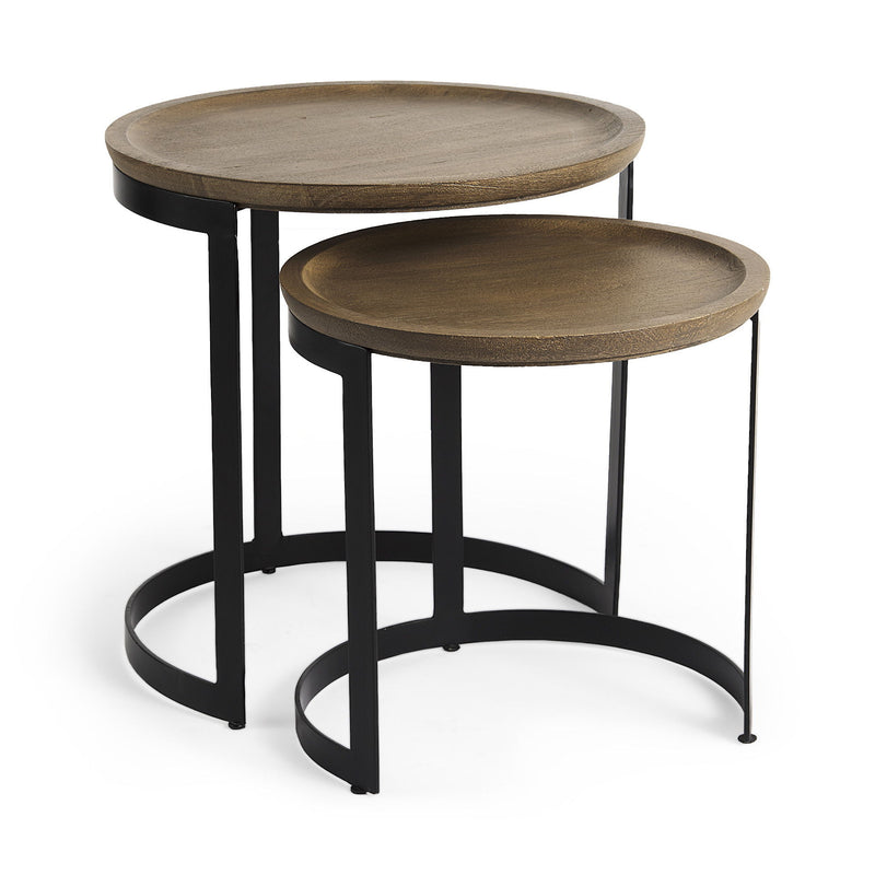 Solid Wood Iron Round Nested Tables (Set of 2) - Brown / Black