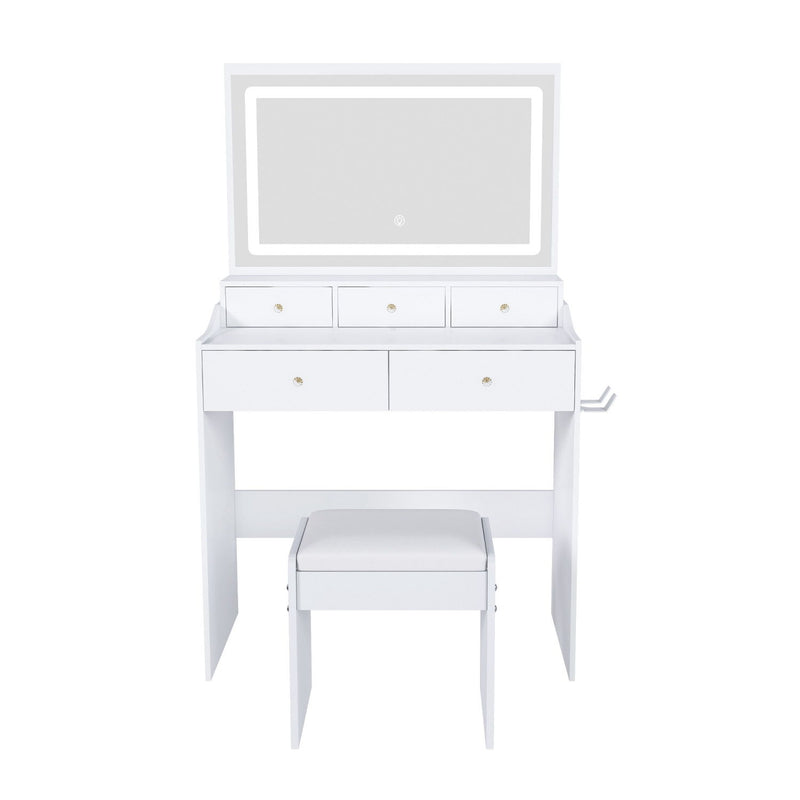 30" Wood Lighted Vanity Five Drawer Dresser - White