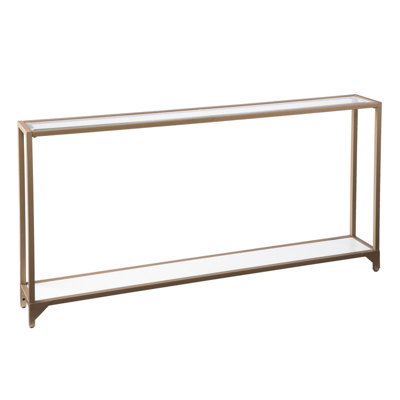 56" Glass Mirrored Frame Console Table With Shelves - Clear / Gold