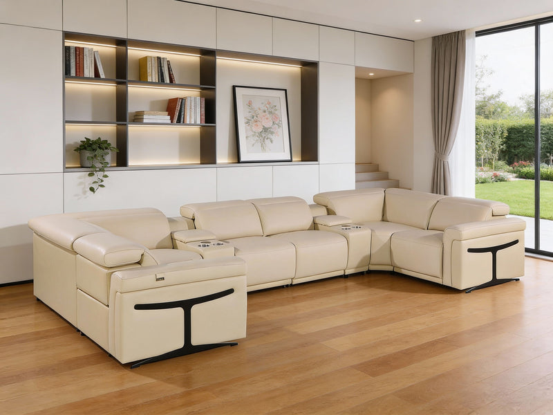 Power Reclining Italian Leather Eight Piece Corner Sectional With Console - Beige
