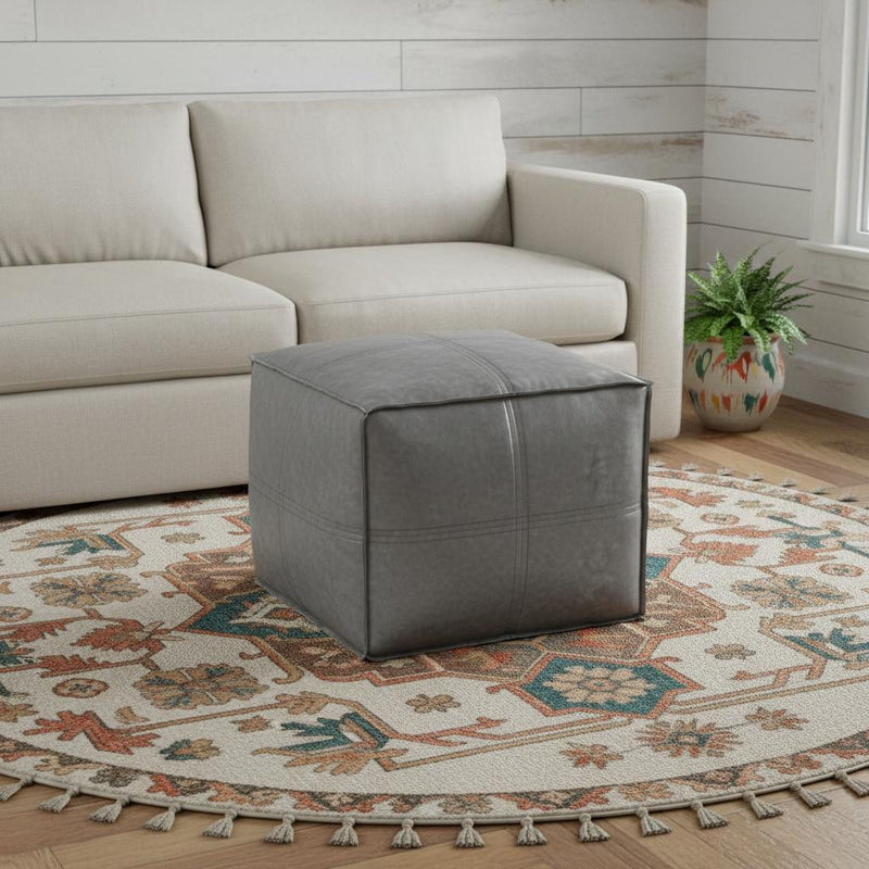 Faux Leather Pouf Ottoman - Gray