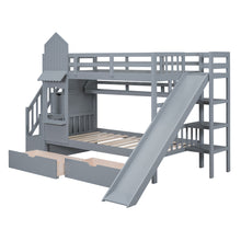 Load image into Gallery viewer, Twin-Over-Twin Castle Style Bunk Bed with 2 Drawers 3 Shelves and Slide - Gray
