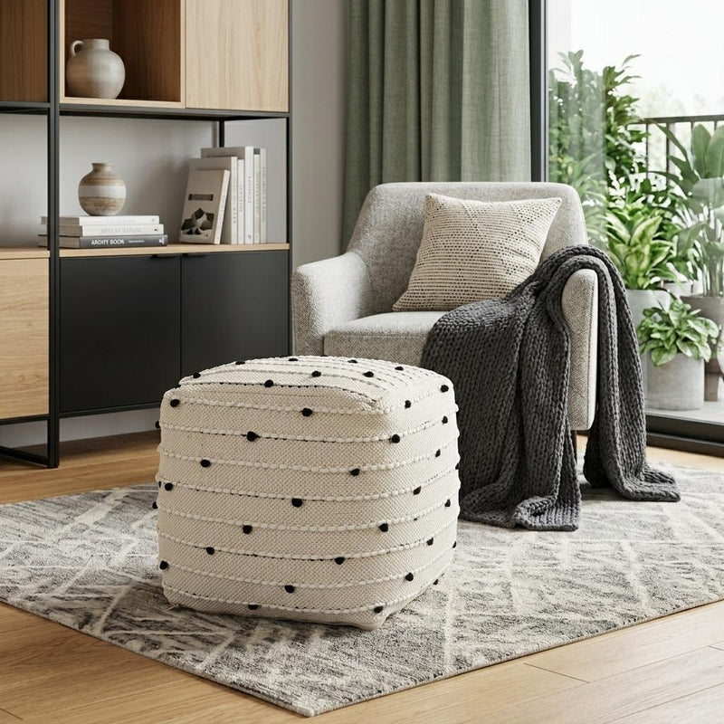 Fabric Polka Dots Round Pouf Ottoman - Cream / Black