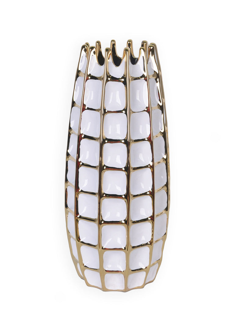 Checkered Oval Porcelain Table Vase With Sculptural Details - White